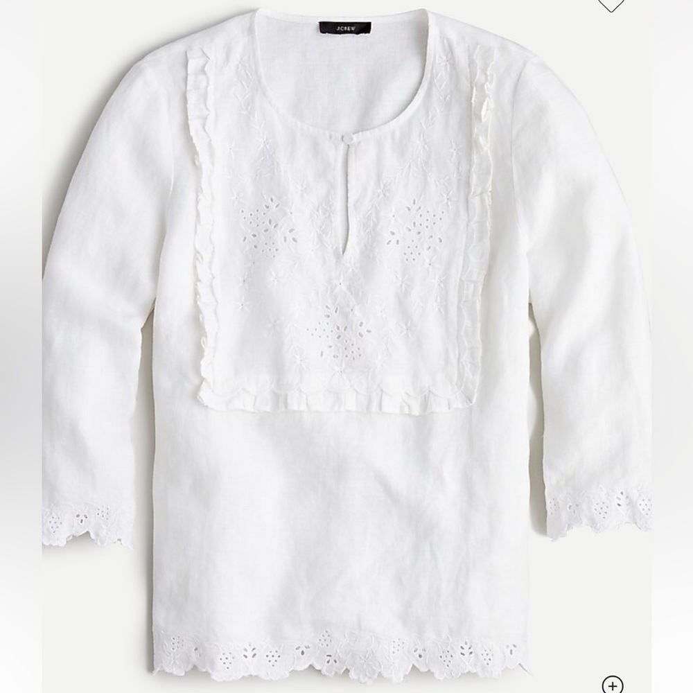 J. Crew Embroidered Tunic Top 100% Linen Blouse Women’s Large White Eyelet-Lace